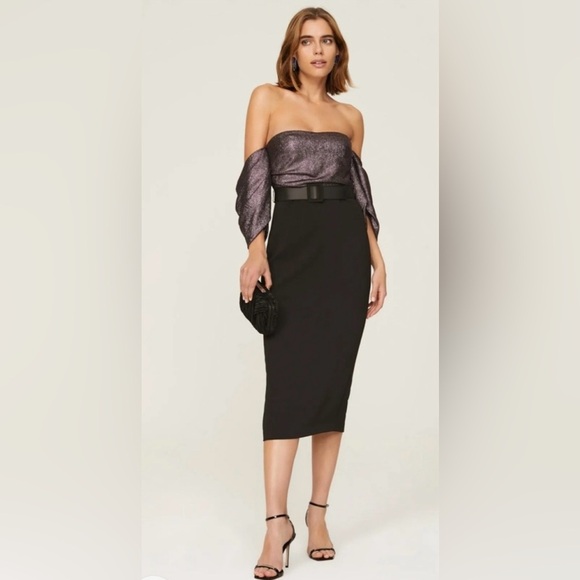 Badgley Mischka Dresses & Skirts - Badgley Mischka Formal Black and Purple Metallic Off The Shoulder Dress- Size 4
